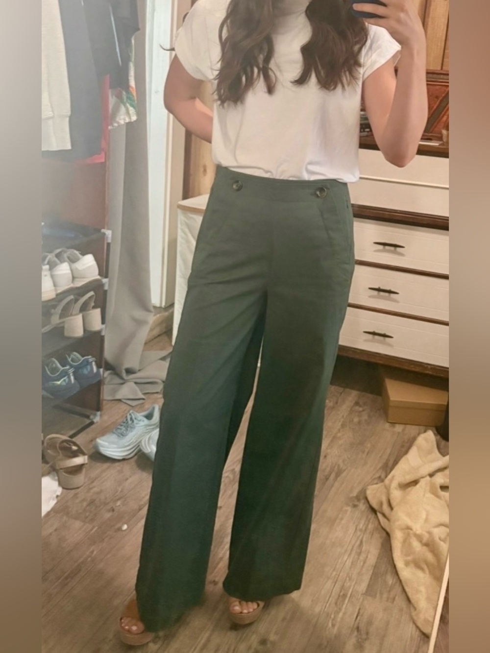 Ann Taylor Dark Green Wide-Leg High-Waist Pants